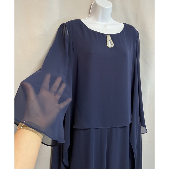 Marina Chiffon Jumpsuit: Embellished Keyhole, Boat Neck, 3/4 Sleeves, Sz 14 Blue - Picture 3 of 16